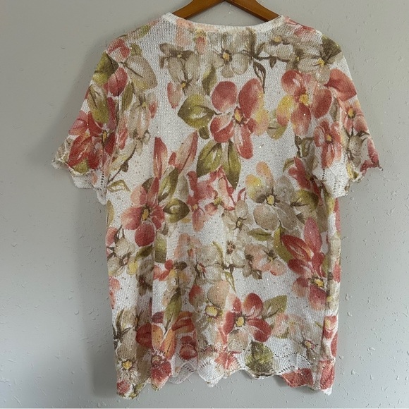 🦋 Alfred Dunner Cream Floral Sequin Scalloped Short Sleeve Sweater Blouse XL - Picture 4 of 6